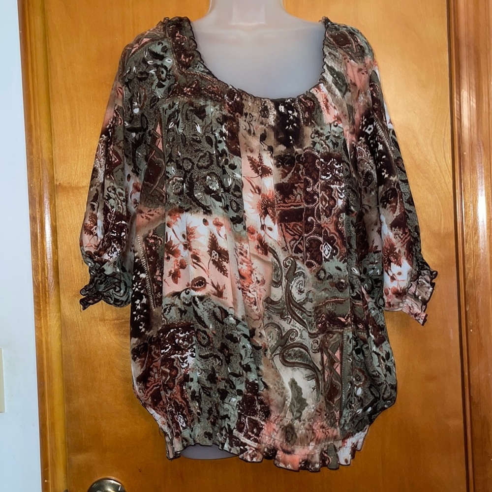 Brown green and orange printed breezy top